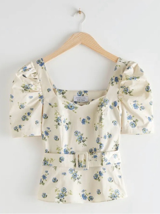 & Other Stories Tops - & Other Stories Floral Puff Sleeve Peplum Top in Cream and Blue